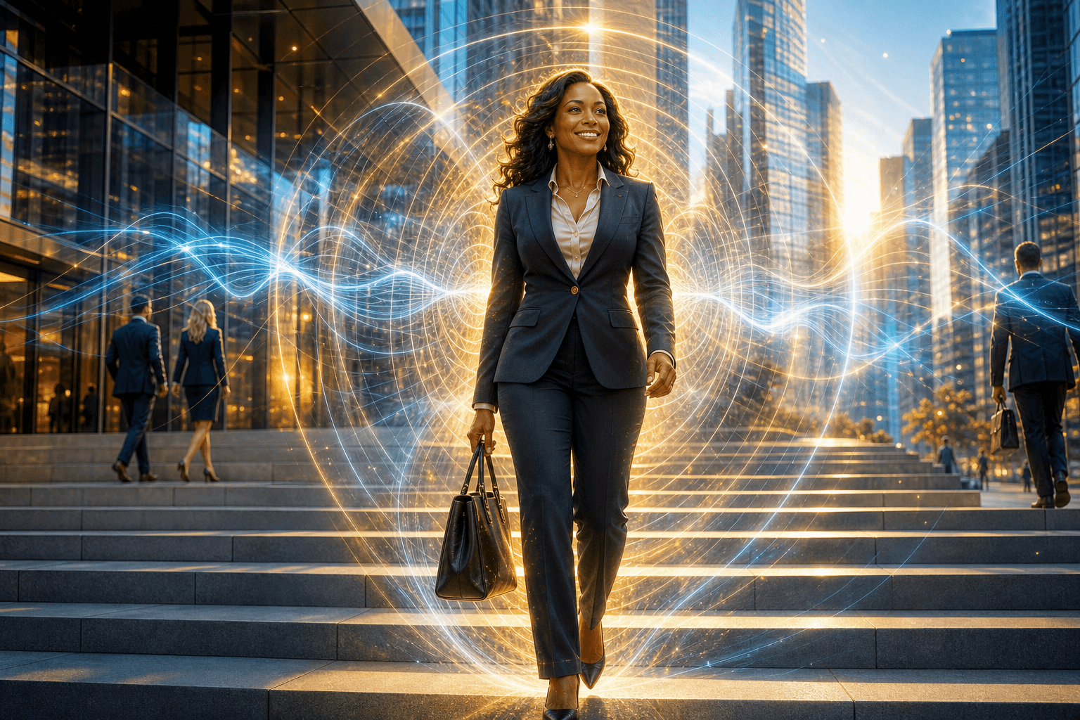 A woman walking through a city, a coherent field of light radiating around her