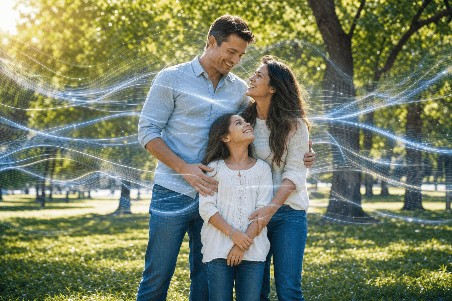 A family of three together in a sunlit park, a shared coherent field of light flowing around them