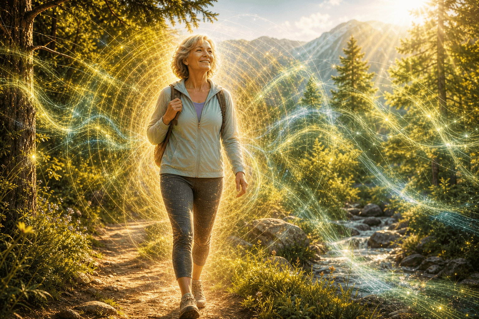 A woman walking a mountain trail, a coherent field of light radiating around her
