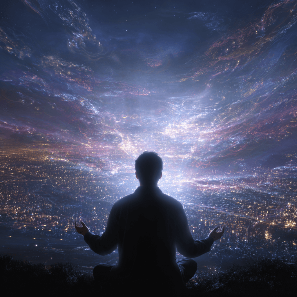 Figure before cosmic lightning representing Ideal State Creation