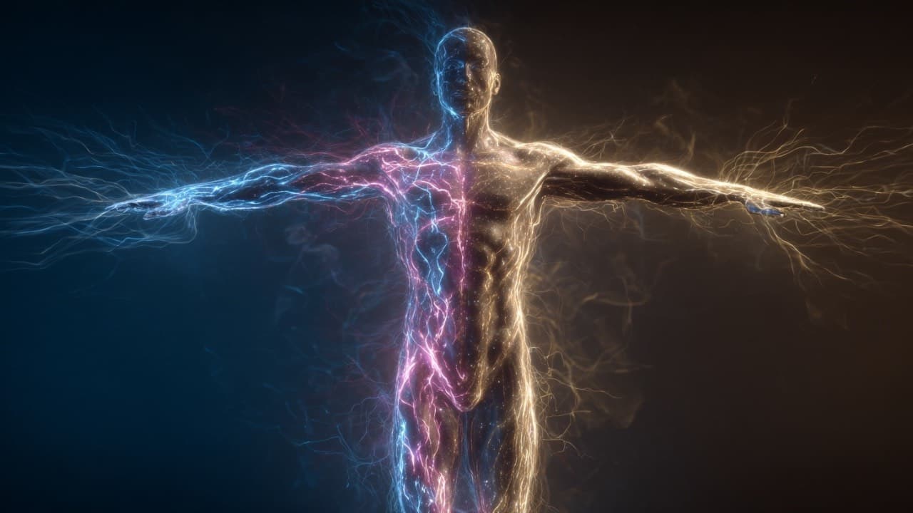A human figure with arms outstretched, the nervous system glowing as currents of light running through the body
